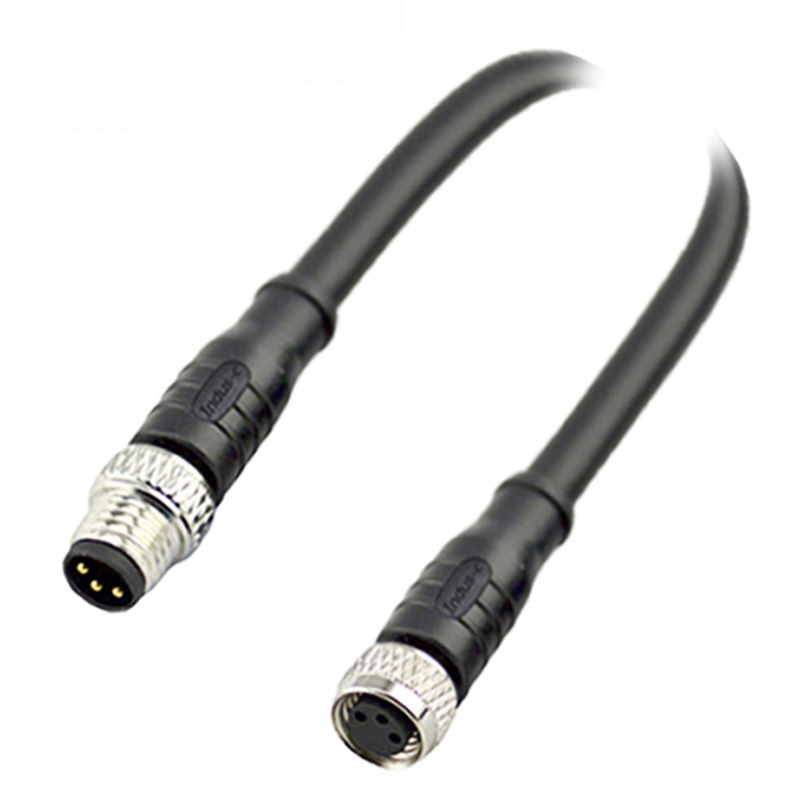 M8 3pins A code male to female straight molded cable,unshielded,PVC,-10°C~+80°C,24AWG 0.25mm²,brass with nickel plated screw