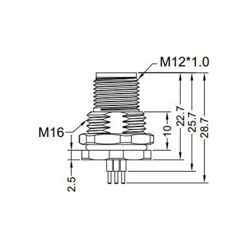 M12 5pins B code male straight front panel mount connector M16 thread,unshielded,insert,brass with nickel plated shell