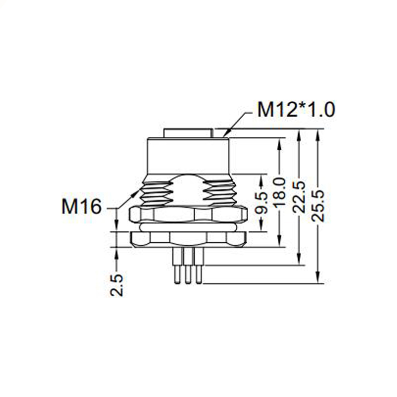 M12 5pins B code female straight front panel mount connector M16 thread,unshielded,insert,brass with nickel plated shell