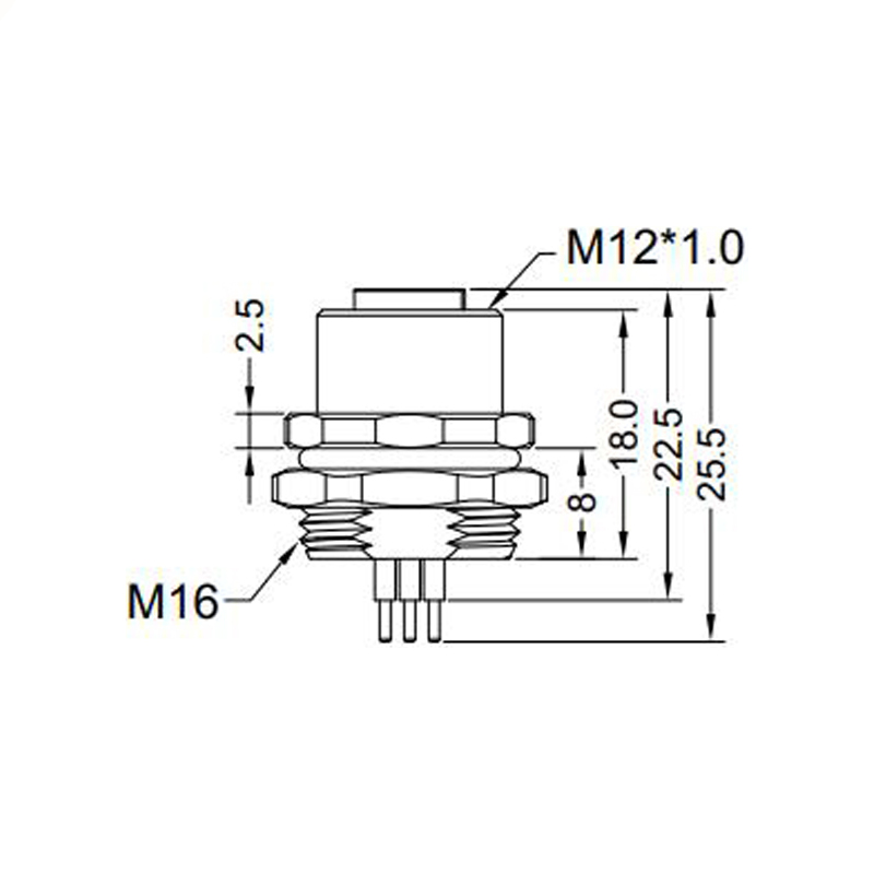 M12 5pins B code female straight rear panel mount connector M16 thread,unshielded,insert,brass with nickel plated shell