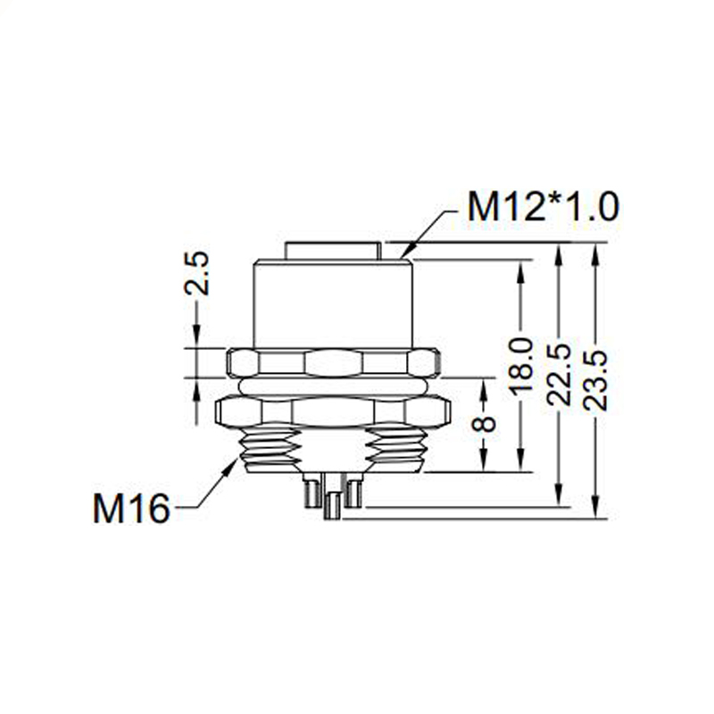 M12 5pins B code female straight rear panel mount connector M16 thread,unshielded,solder,brass with nickel plated shell