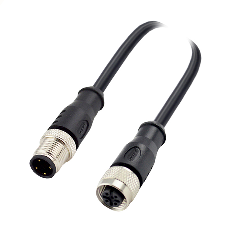 M12 4pins D code male to female straight molded cable,unshielded,PVC,-40°C~+105°C,22AWG 0.34mm²,brass with nickel plated screw