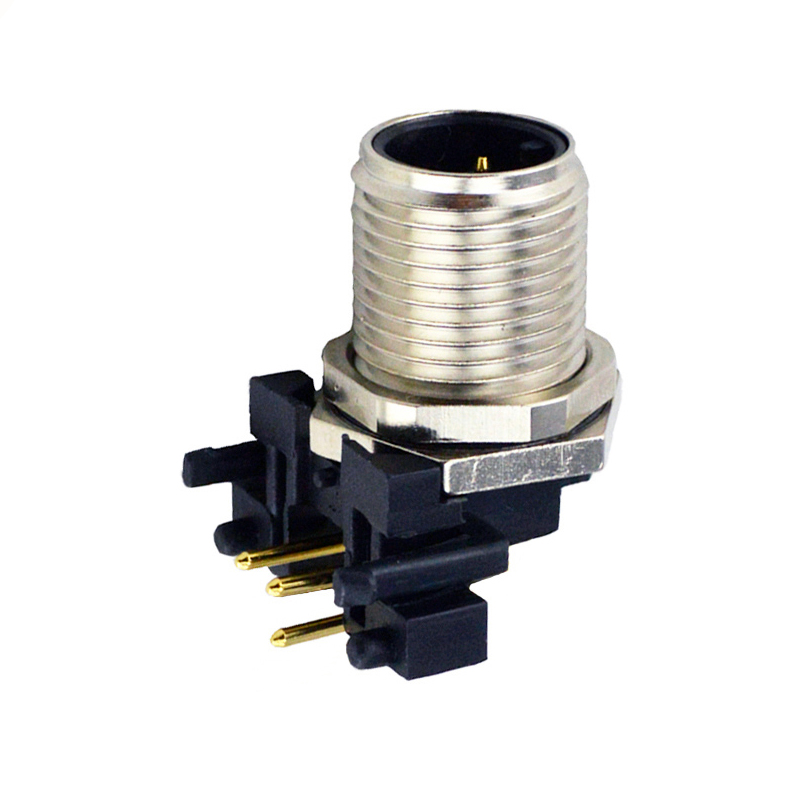 M12 4pins D code male right angle front panel mount connector,unshielded,insert,brass with nickel plated shell