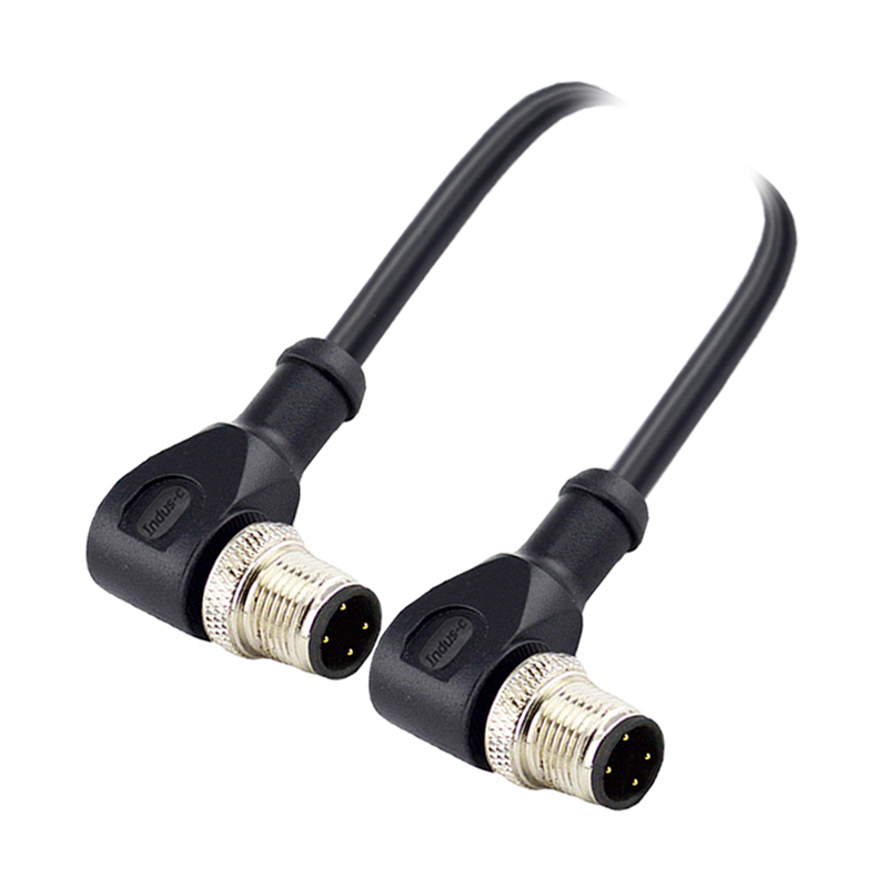M12 4pins D code male to male right angle molded cable,unshielded,PVC,-10°C~+80°C,22AWG 0.34mm²,brass with nickel plated screw