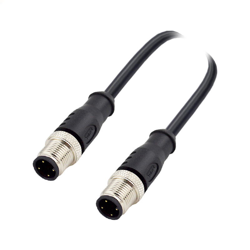 M12 4pins D code male to male straight molded cable,shielded,PVC,-10°C~+80°C,22AWG 0.34mm²,brass with nickel plated screw