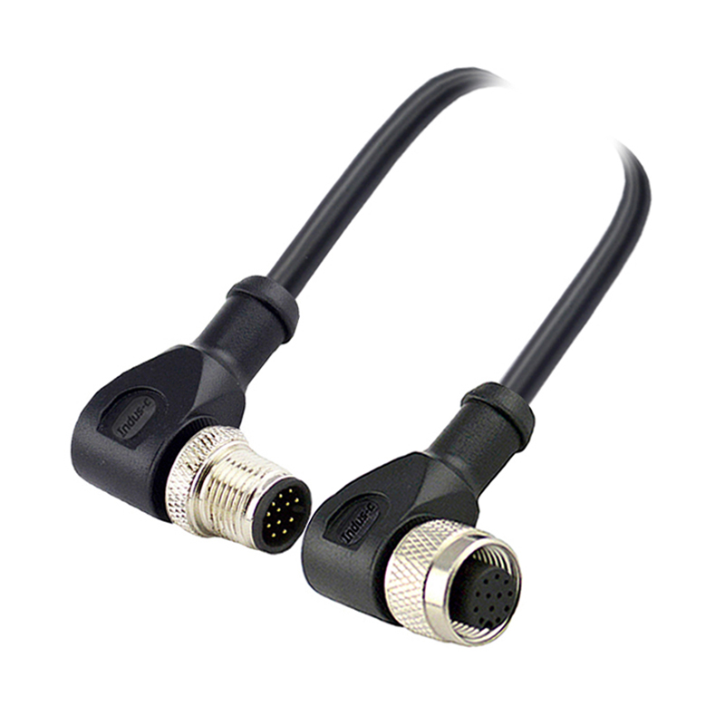M12 12pins A code male right angle to female right angle molded cable,unshielded,PVC,-10°C~+80°C,26AWG 0.14mm²,brass with nickel plated screw