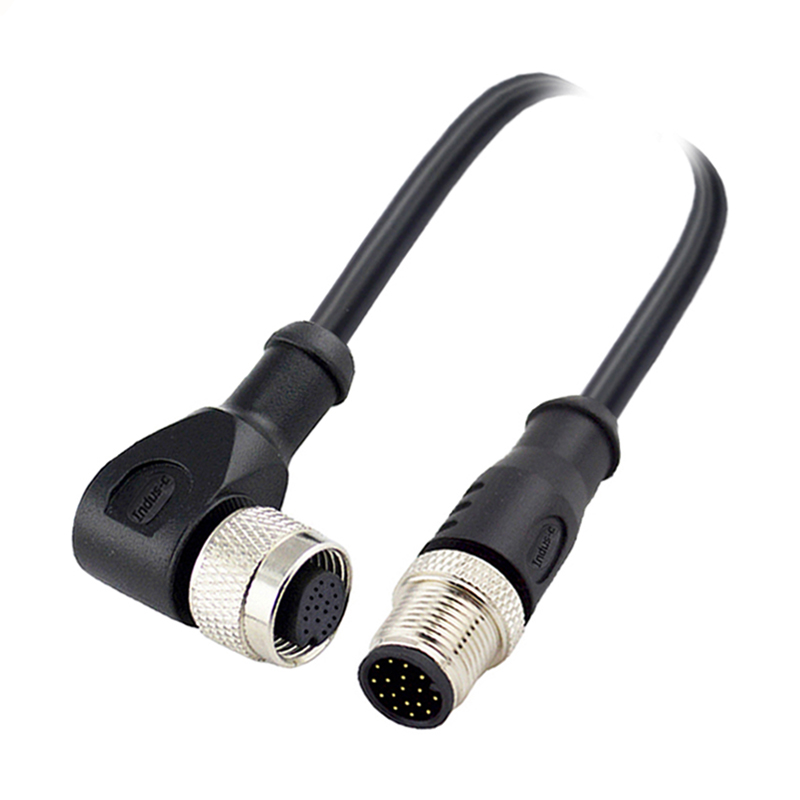 M12 17pins A code male straight to female right angle molded cable,shielded,PVC,-10°C~+80°C,26AWG 0.14mm²,brass with nickel plated screw