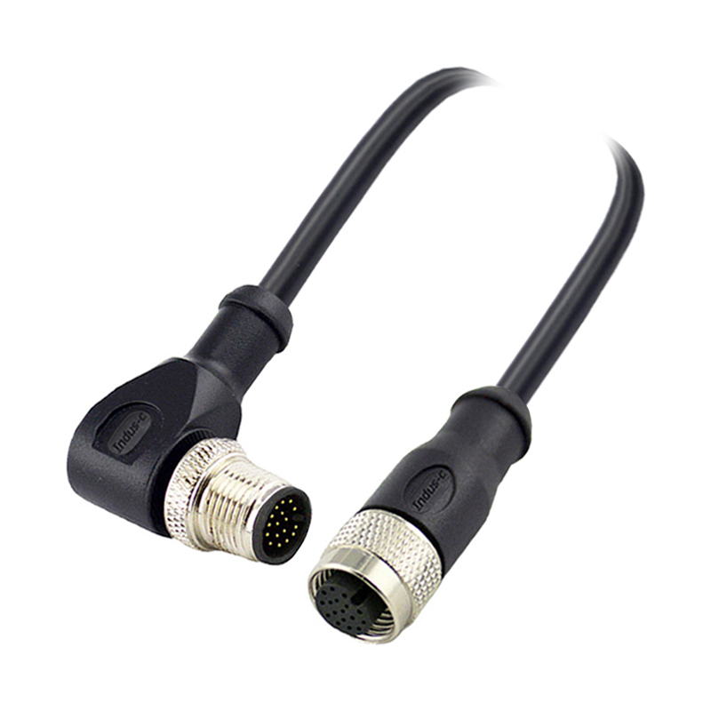 M12 17pins  A code male right angle to female straight molded cable,shielded,PVC,-40°C~+105°C,26AWG 0.14mm²,brass with nickel plated screw