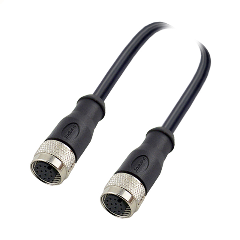 M12 12pins A code female straight to female straight molded cable,shielded,PUR,-40°C~+105°C,26AWG 0.14mm²,brass with nickel plated screw