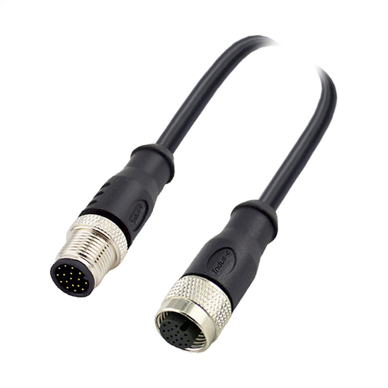 M12 17pins A code male to female straight molded cable,shielded,PVC,-10°C~+80°C,26AWG 0.14mm²,brass with nickel plated screw