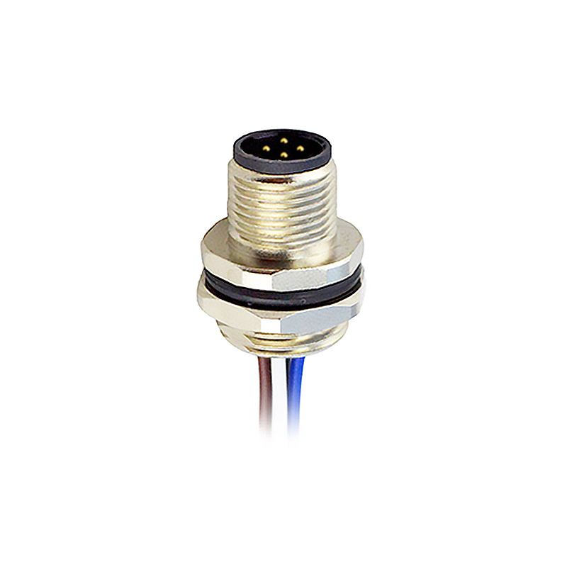 M12 4pins C code male straight rear panel mount connector M16 thread,unshielded,single wires,brass with nickel plated shell
