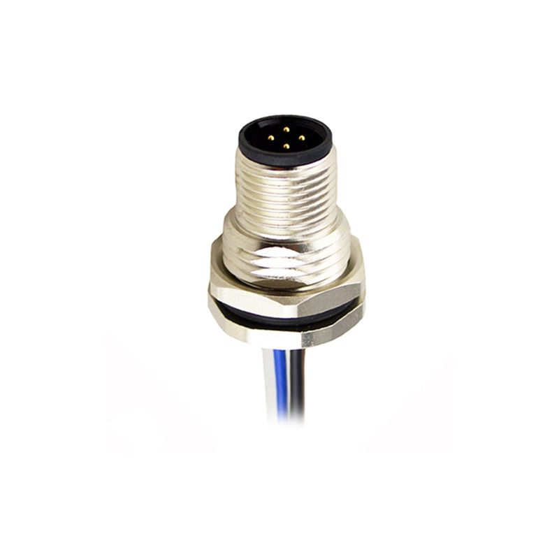 M12 4pins C code male straight front panel mount connector PG9 thread,unshielded,single wires,single wires,brass with nickel plated shell