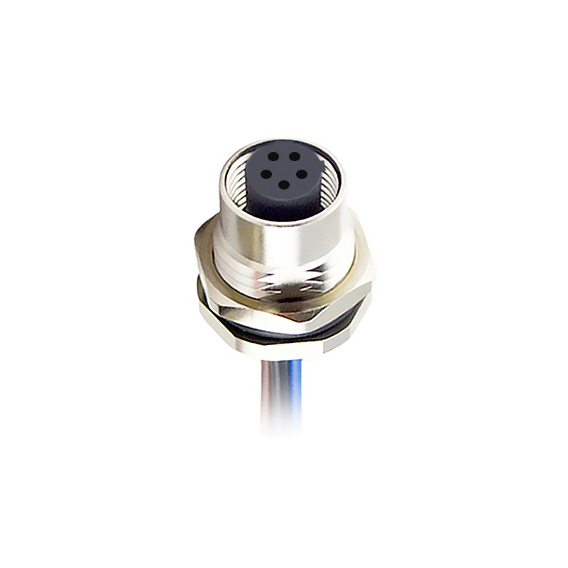 M12 5pins C code female straight front panel mount connector PG9 thread,unshielded,single wires,single wires,brass with nickel plated shell