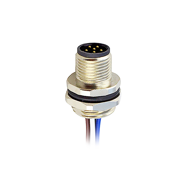 M12 6pins C code male straight rear panel mount connector M16 thread,unshielded,single wires,brass with nickel plated shell