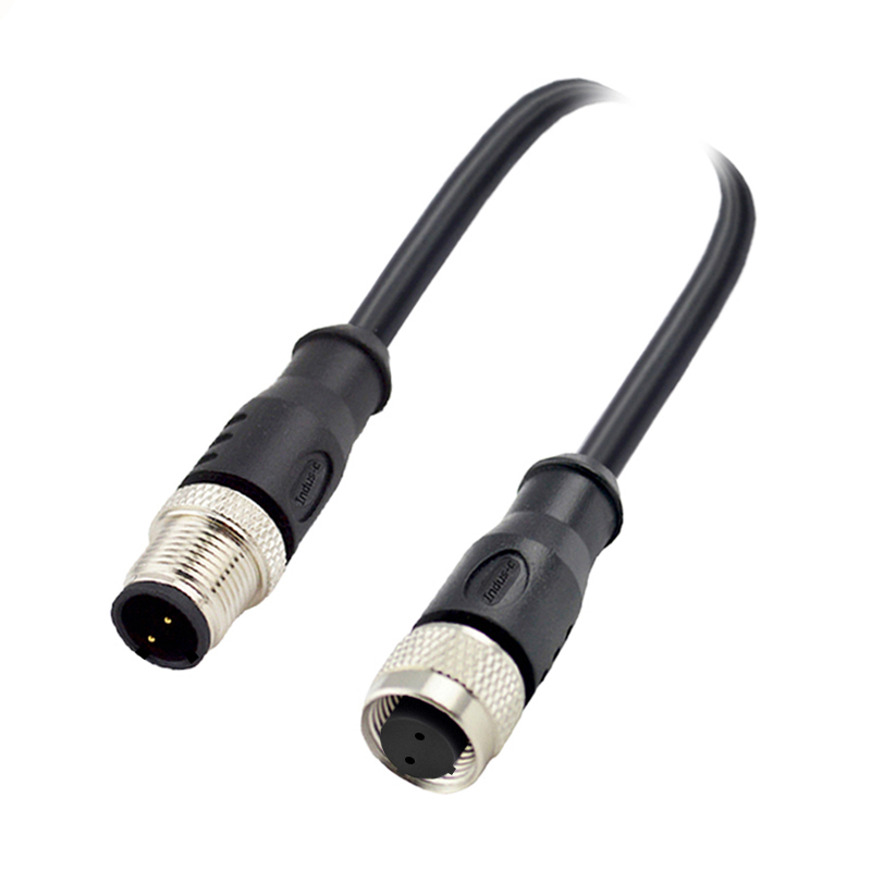 M12 2pins C code male to female straight molded cable,unshielded,PVC,-10°C~+80°C,22AWG 0.34mm²,brass with nickel plated screw