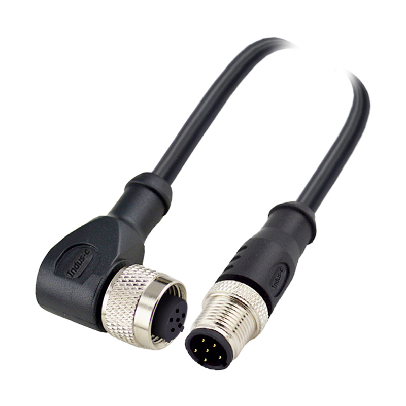 M12 6pins C code male straight to female right angle molded cable,unshielded,PVC,-10°C~+80°C,22AWG 0.34mm²,brass with nickel plated screw