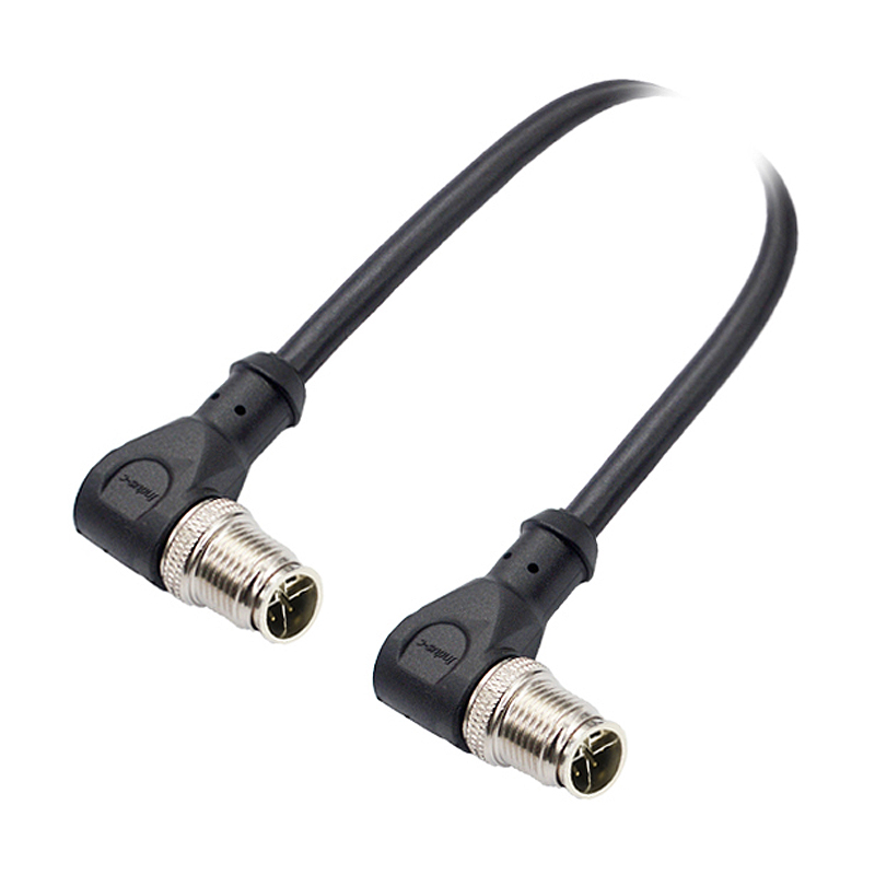 M12 8pins X code male to male right angle molded cable,shielded,PVC,-10°C~+80°C,CAT6 26AWG*4P,brass with nickel plated screw