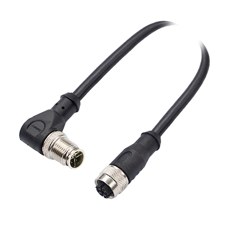 M12 8pins X code male right angle to female straight molded cable,shielded,PVC,-10°C~+80°C,CAT6 26AWG*4P,brass with nickel plated screw