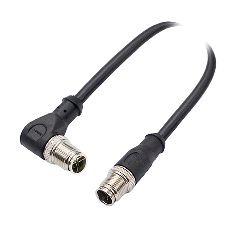M12 8pins X code male straight to male right angle molded cable,shielded,PUR,-40°C~+105°C,CAT6 26AWG*4P,brass with nickel plated screw