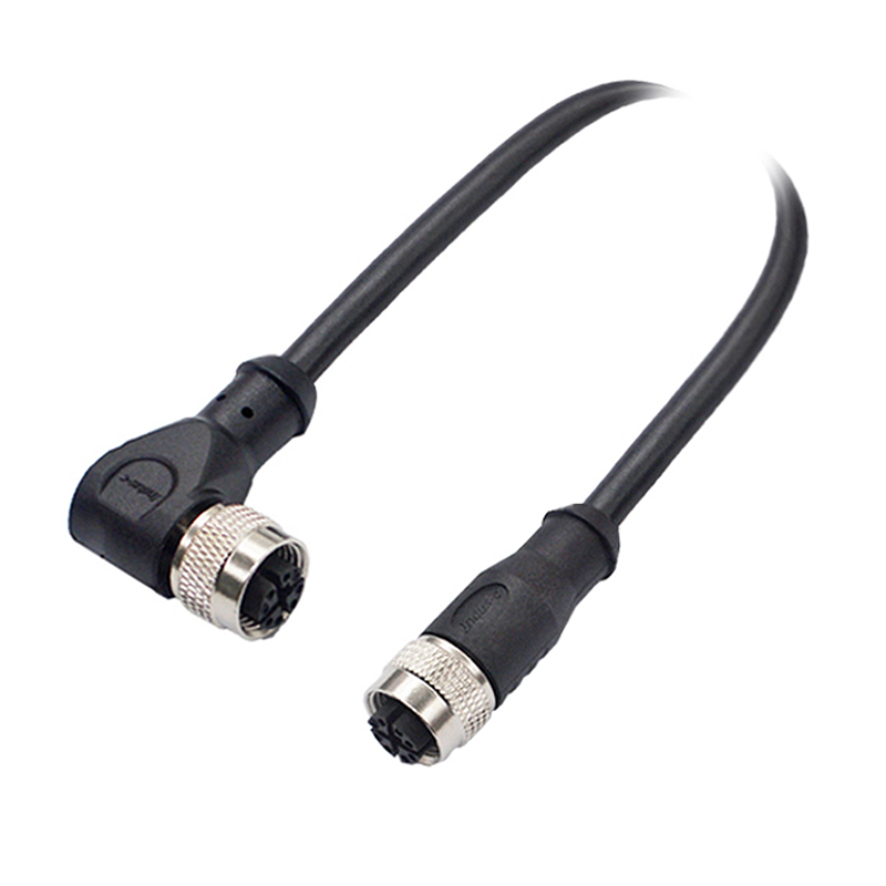 M12 8pins X code female straight to female right angle molded cable,shielded,PVC,-10°C~+80°C,CAT6 26AWG*4P,brass with nickel plated screw