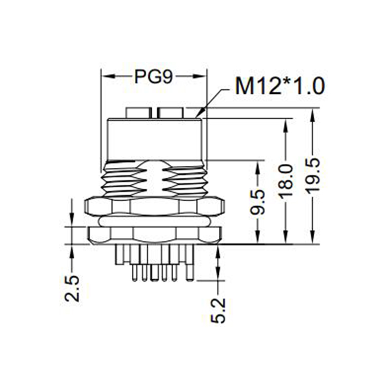 M12 8pins X code female straight front panel mount connector PG9 thread,shielded,insert,brass with nickel plated shell