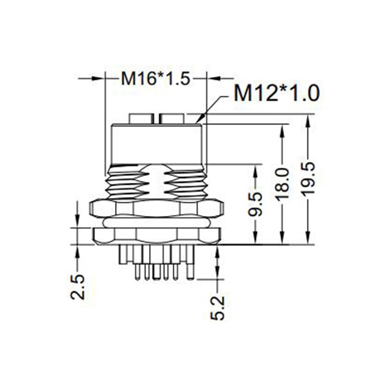 M12 8pins X code female straight front panel mount connector M16 thread,shielded,insert,brass with nickel plated shell