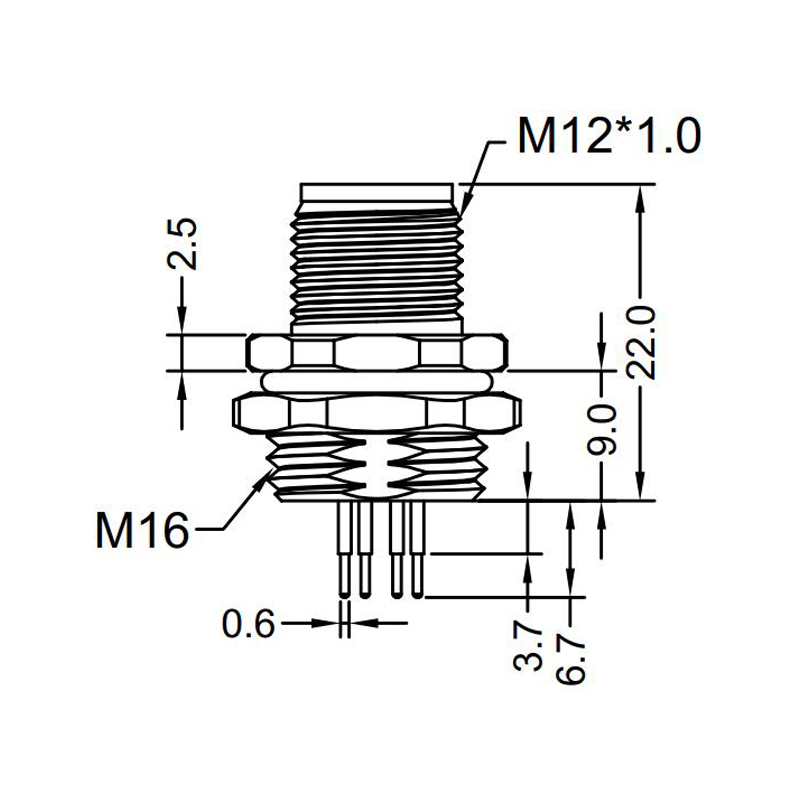 M12 8pins X code male straight rear panel mount connector M16 thread,shielded,insert,brass with nickel plated shell