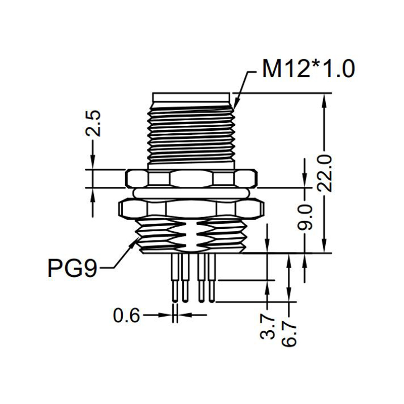 M12 8pins X code male straight rear panel mount connector PG9 thread,shielded,insert,brass with nickel plated shell