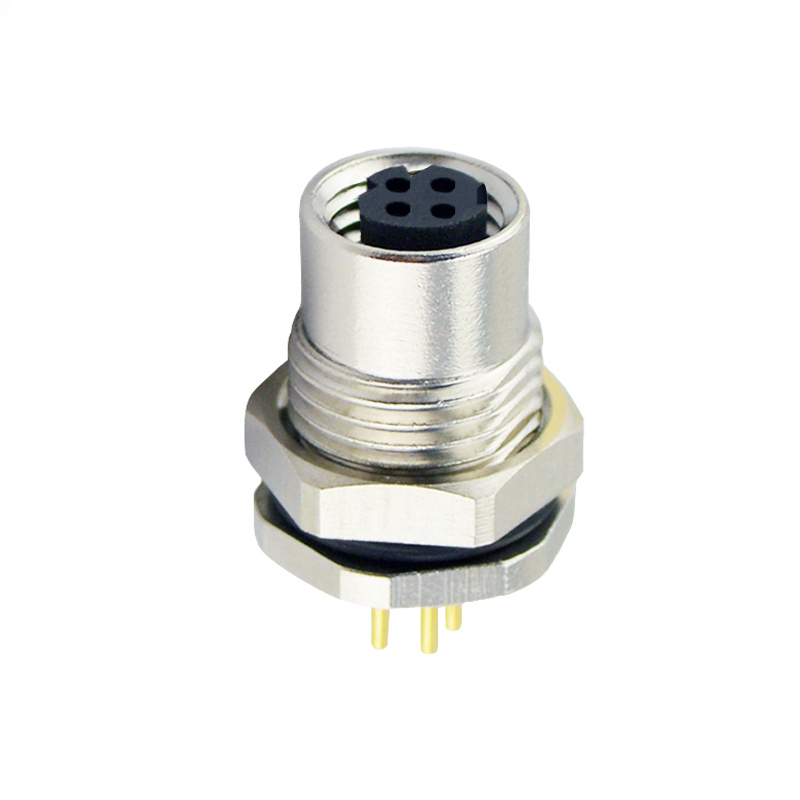 M8 4pins D female straight front panel mount connector,unshielded,insert,brass with nickel plated shell