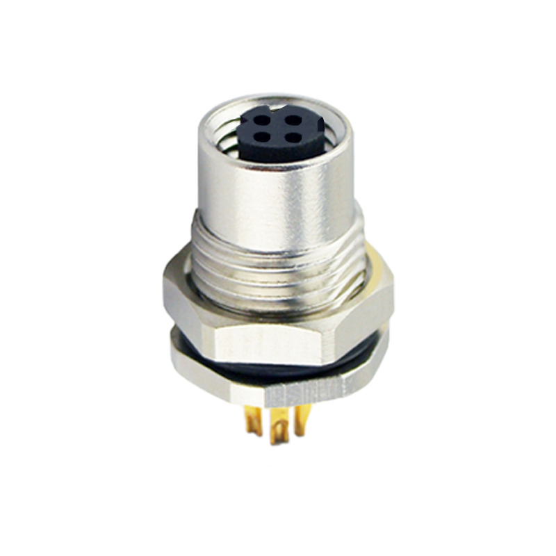 M8 4pins D female straight front panel mount connector,unshielded,solder,brass with nickel plated shell