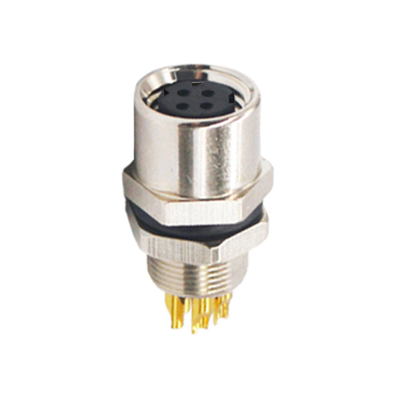 M8 4pins D female straight rear panel mount connector,unshielded,solder,brass with nickel plated shell