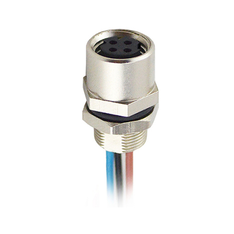 M8 4pins D female straight rear panel mount connector,unshielded,single wires,brass with nickel plated shell