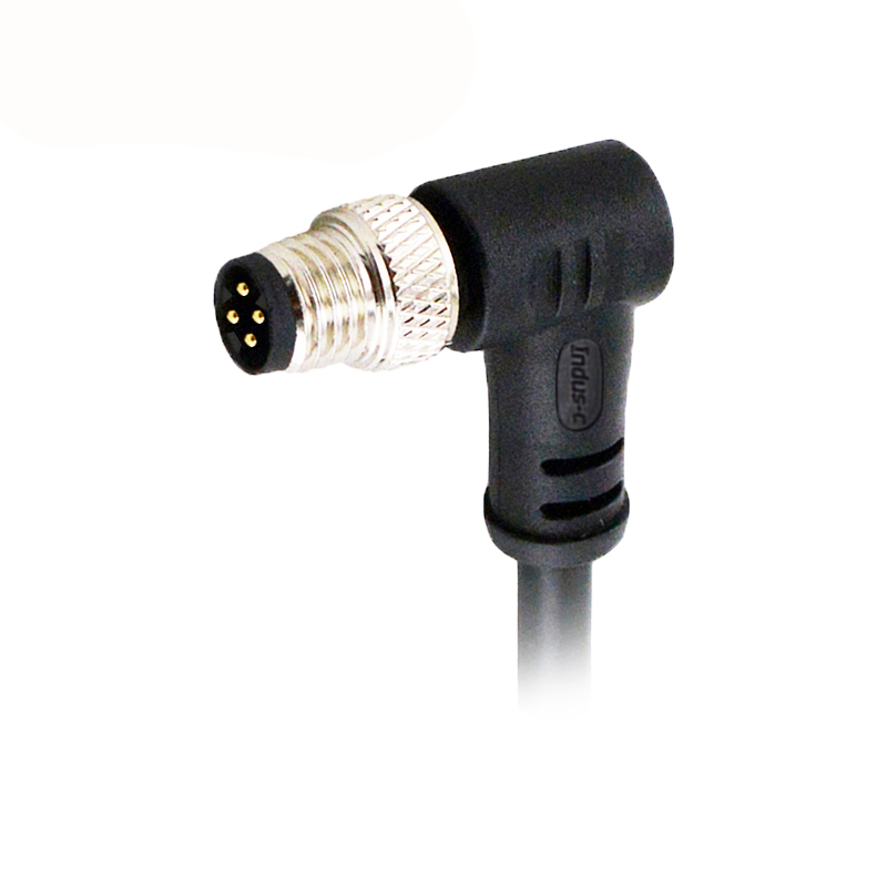 M8 4pins D male right angle molded cable,unshielded,PVC,-10°C~+80°C,24AWG 0.25mm²,brass with nickel plated screw