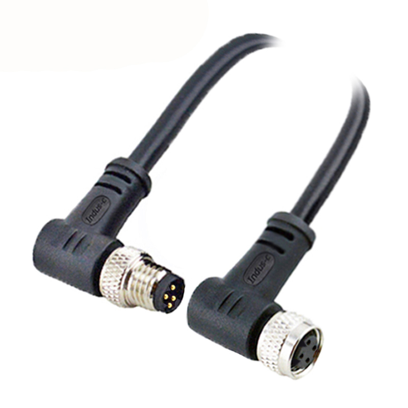 M8 4pins D male to female right angle molded cable,unshielded,PVC,-10°C~+80°C,24AWG 0.25mm²,brass with nickel plated screw