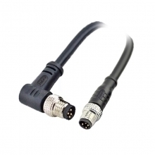 M8 4pins D code male straight to male right angle molded cable,unshielded,PVC,-10°C~+80°C,24AWG 0.25mm²,brass with nickel plated screw
