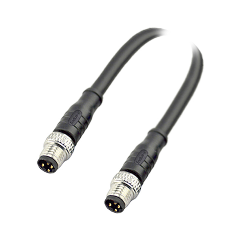 M8 4pins D code male to male straight molded cable,unshielded,PVC,-10°C~+80°C,24AWG 0.25mm²,brass with nickel plated screw