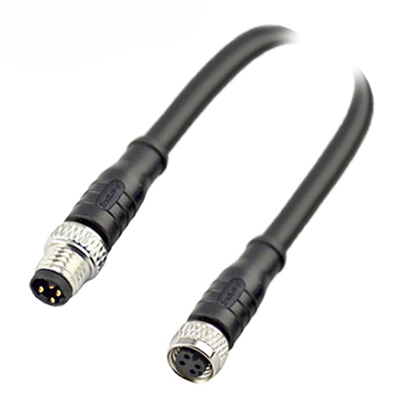 M8 4pins D male to female straight molded cable,unshielded,PVC,-10°C~+80°C,24AWG 0.25mm²,brass with nickel plated screw