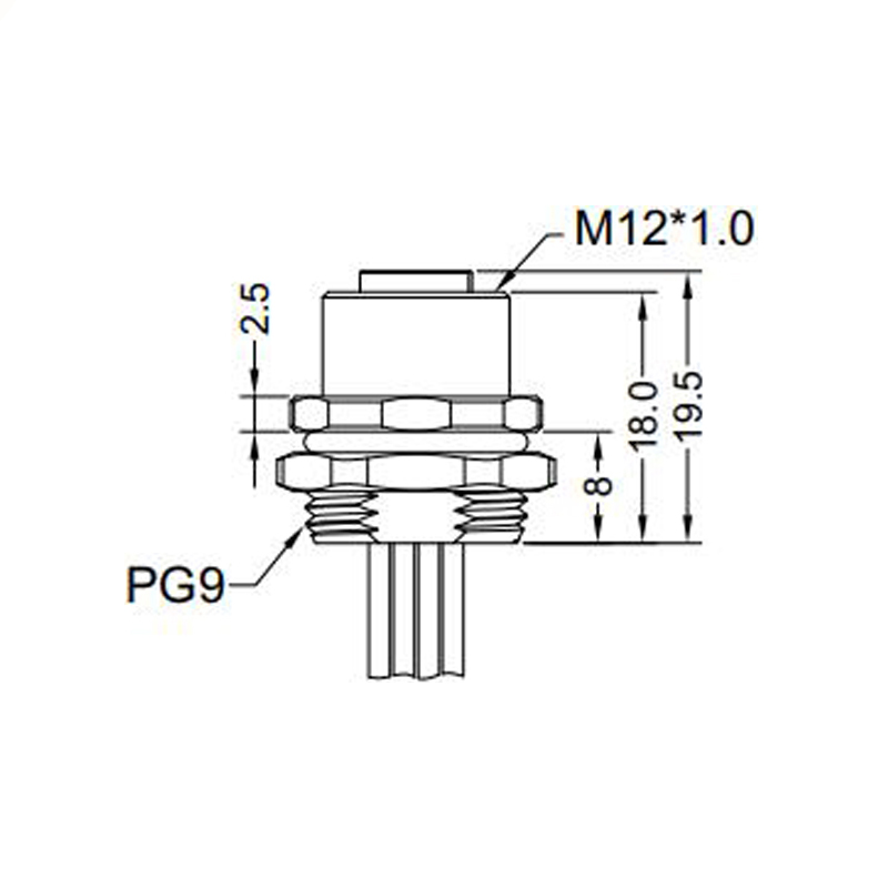 M12 2pins C code female straight front panel mount connector PG9 thread,unshielded,single wires,single wires,brass with nickel plated shell