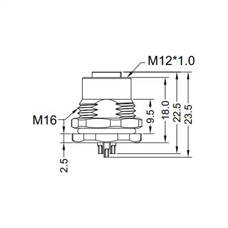 M12 2pins C code female straight front panel mount connector M16 thread,unshielded,solder,brass with nickel plated shell