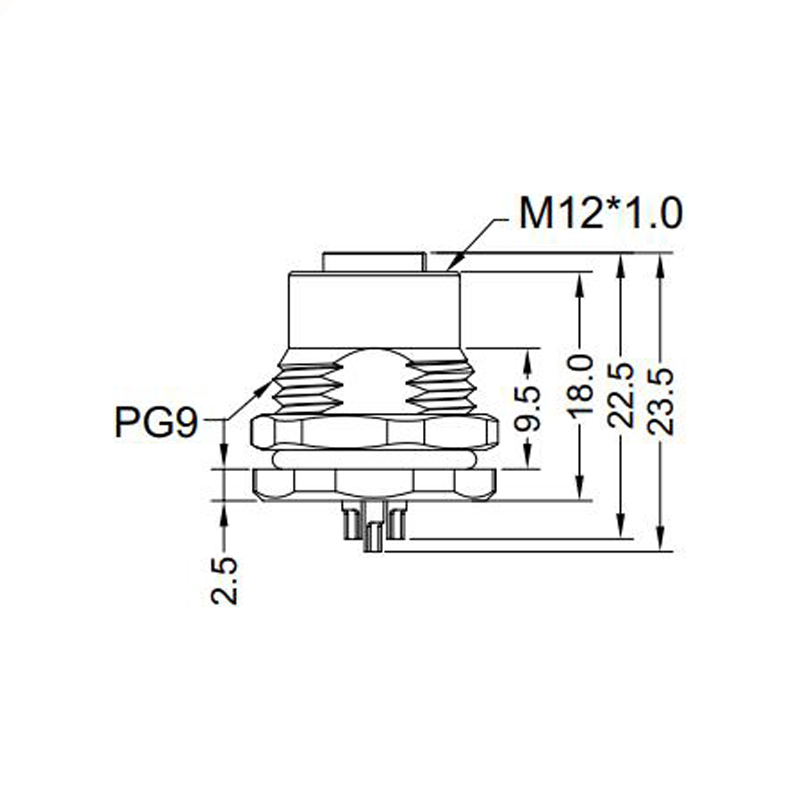 M12 5pins C code female straight front panel mount connector PG9 thread,unshielded,solder,brass with nickel plated shell
