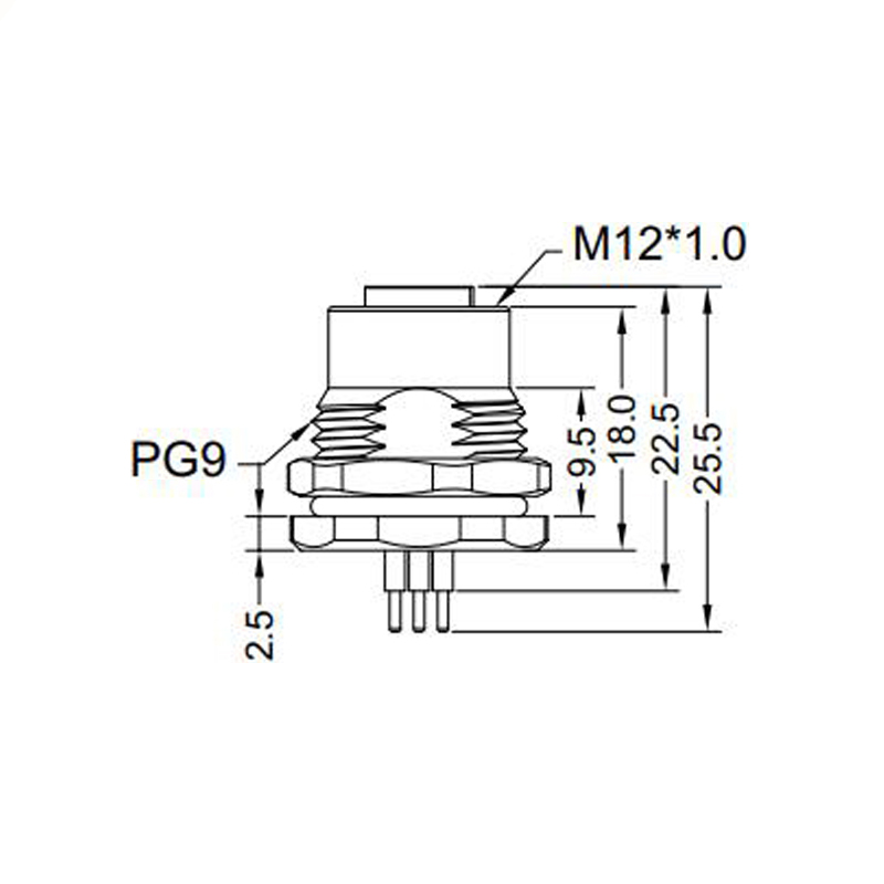 M12 5pins C code female straight front panel mount connector PG9 thread,unshielded,insert,brass with nickel plated shell