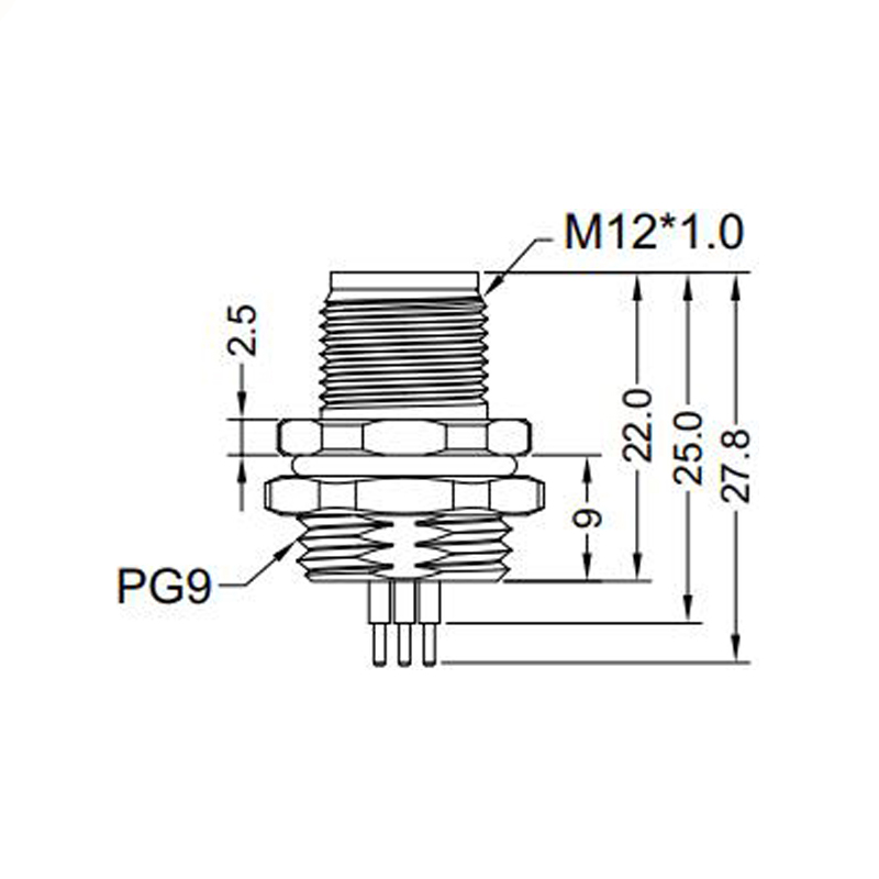 M12 3pins C code male straight rear panel mount connector PG9 thread,unshielded,insert,brass with nickel plated shell