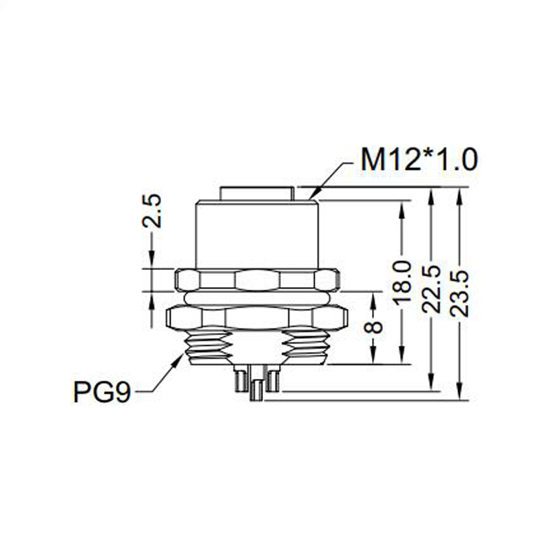 M12 2pins C code female straight rear panel mount connector PG9 thread,unshielded,solder,brass with nickel plated shell