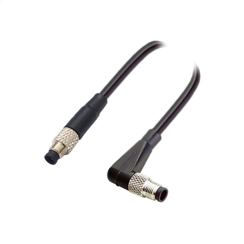 M5 3pins A code male straight to male right angle molded cable,unshielded,PVC,-10°C~+80°C,26AWG 0.14mm²,brass with nickel plated screw