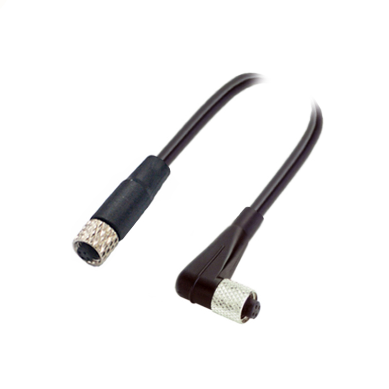 M5 3pins A code female straight to female right angle molded cable,unshielded,PVC,-10°C~+80°C,26AWG 0.14mm²,brass with nickel plated screw