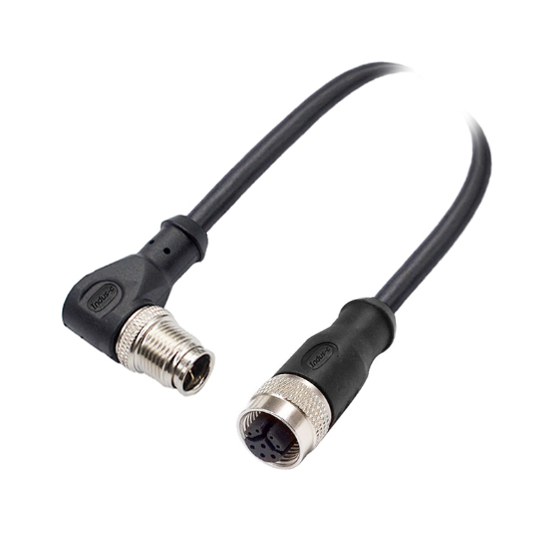 M12 8pins Y code male right angle to female straight molded cable,shielded,PVC,-40°C~+105°C,[26AWG*2P(CAT5)+aluminum foil+braid]+20AWG*4C+aluminum foil+braid,brass copper