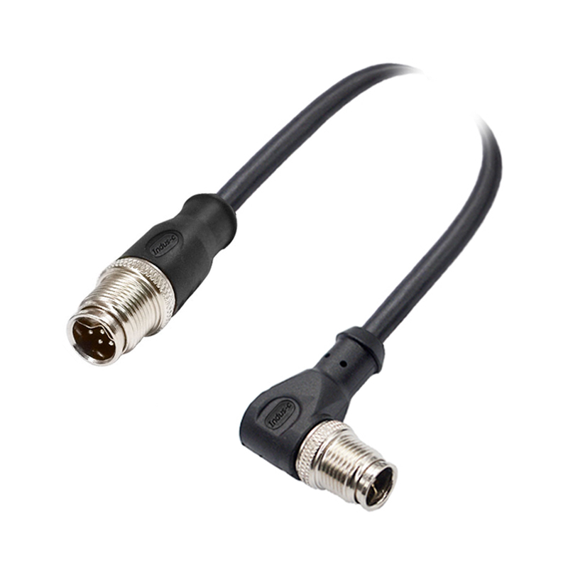 M12 8pins Y code male straight to male right angle molded cable,shielded,PVC,-40°C~+105°C,[26AWG*2P(CAT5)+aluminum foil+braid]+20AWG*4C+aluminum foil+braid,brass copper
