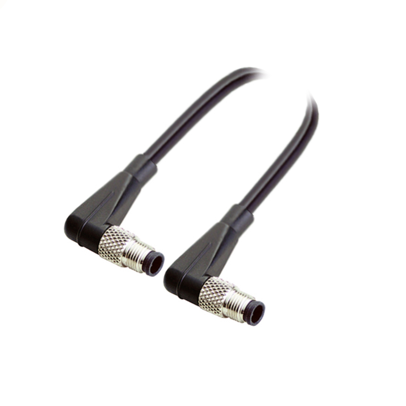 M5 3pins A code male to male right angle cable,shielded,PUR,-40°C~+105°C,26AWG 0.14mm²,brass with nickel plated screw