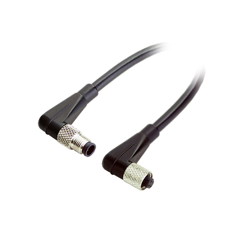 M5 3pins A code male to female right angle cable,shielded,PVC,-40°C~+105°C,26AWG 0.14mm²,brass with nickel plated screw
