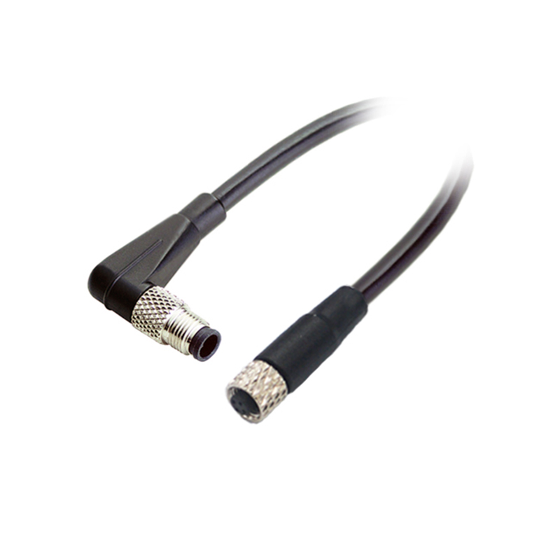 M5 3pins A code male right angle to female straight cable,shielded,PVC,-10°C~+80°C,26AWG 0.14mm²,brass with nickel plated screw
